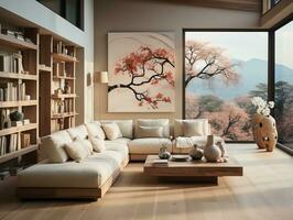 Modern living room with neutral furniture AI Generative photo