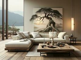 Modern living room with neutral furniture AI Generative photo