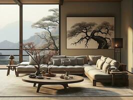 Modern living room with neutral furniture AI Generative photo