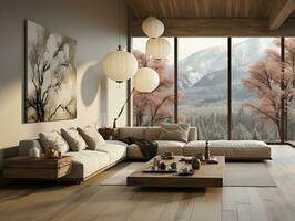 Modern living room with neutral furniture AI Generative photo