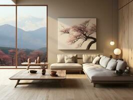 Modern living room with neutral furniture AI Generative photo