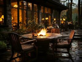 Modern villa outdoor with stone fire pit and chairs in the backyard AI Generative photo