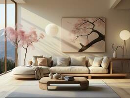 Modern living room with neutral furniture AI Generative photo