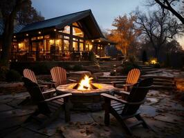 moderno villa al aire libre con Roca fuego pozo y sillas en el patio interior ai generativo foto