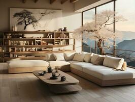 Modern living room with neutral furniture AI Generative photo