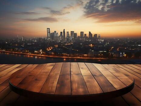 Wooden table in front of the city detailed background AI Generative photo