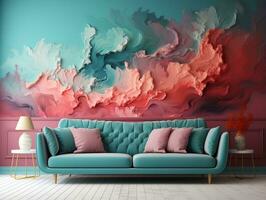 Living room with space and nebula wall in the style of light turquoise and dark magenta AI Generative photo