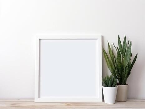 Empty frame on a white table with plants mockup for art showcase AI Generative photo