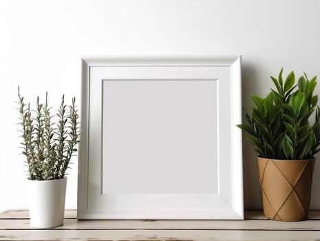 Empty frame on a white table with plants mockup for art showcase AI Generative photo