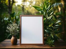 Empty frame on a white table with plants mockup for art showcase AI Generative photo