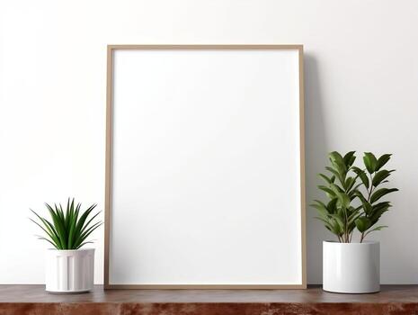 Empty frame on a white table with plants mockup for art showcase AI Generative photo