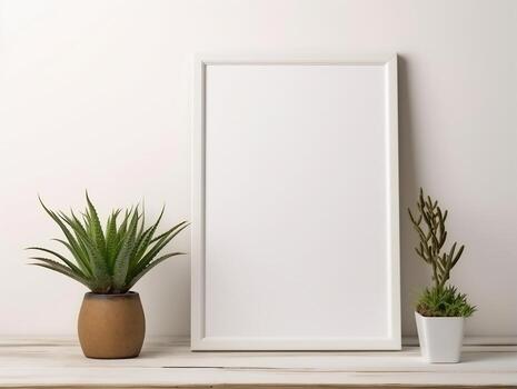 Empty frame on a white table with plants mockup for art showcase AI Generative photo
