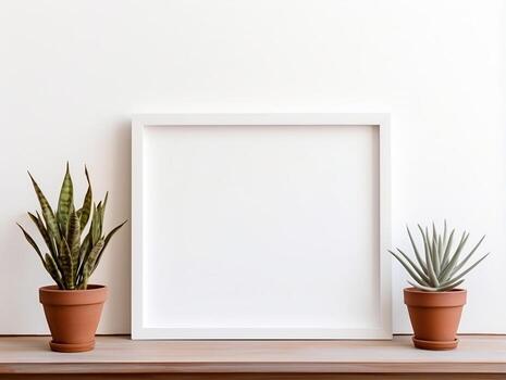 Empty frame on a white table with plants mockup for art showcase AI Generative photo