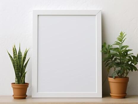 Empty frame on a white table with plants mockup for art showcase AI Generative photo