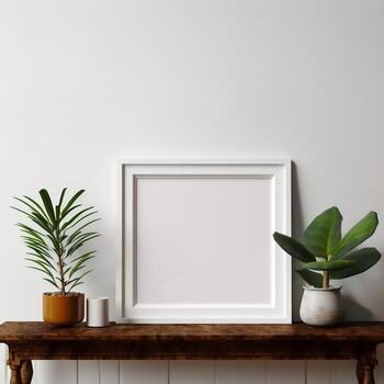 Empty frame on a white table with plants mockup for art showcase AI Generative photo