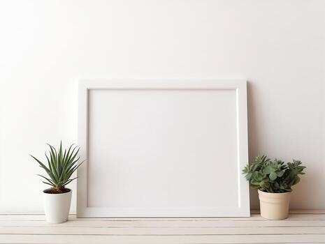 Empty frame on a white table with plants mockup for art showcase AI Generative photo