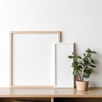 Empty frame on a white table with plants mockup for art showcase AI Generative photo