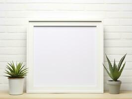 Empty frame on a white table with plants mockup for art showcase AI Generative photo