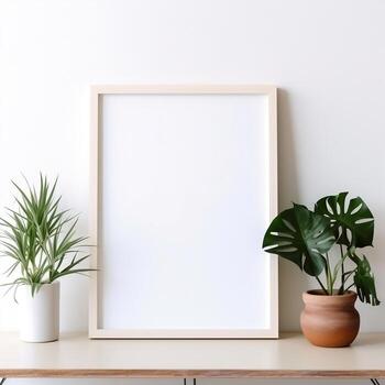 Empty frame on a white table with plants mockup for art showcase AI Generative photo