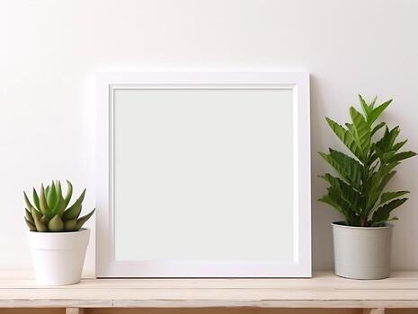 Empty frame on a white table with plants mockup for art showcase AI Generative photo