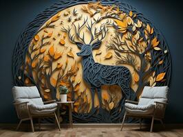 Modern living room with 3D dark gold deer forest on the wall AI Generative photo
