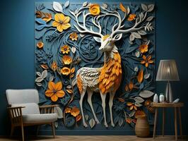 Modern living room with 3D dark gold deer forest on the wall AI Generative photo