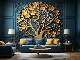 Modern living room with 3D dark gold deer forest on the wall AI Generative photo
