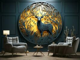 Modern living room with 3D dark gold deer forest on the wall AI Generative photo