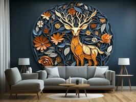 Modern living room with 3D dark gold deer forest on the wall AI Generative photo
