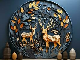 Modern living room with 3D dark gold deer forest on the wall AI Generative photo