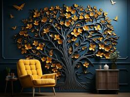 Modern living room with 3D dark gold deer forest on the wall AI Generative photo