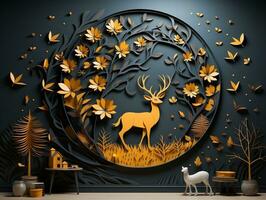 Modern living room with 3D dark gold deer forest on the wall AI Generative photo