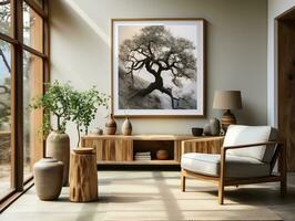 Interior design of the modern living room with a wooden rustic cabinet and a poster frame AI Generative photo