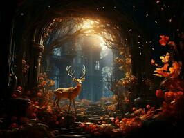 Modern living room with 3D dark gold deer forest on the wall AI Generative photo