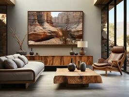 Interior design of the modern living room with a wooden rustic cabinet and a poster frame AI Generative photo