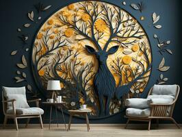Modern living room with 3D dark gold deer forest on the wall AI Generative photo