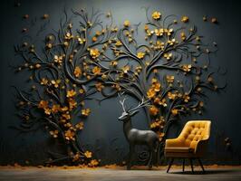 Modern living room with 3D dark gold deer forest on the wall AI Generative photo