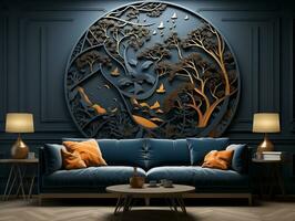 Modern living room with 3D dark gold deer forest on the wall AI Generative photo