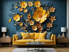 Modern living room with 3D dark gold deer forest on the wall AI Generative photo