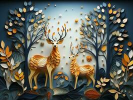 Modern living room with 3D dark gold deer forest on the wall AI Generative photo