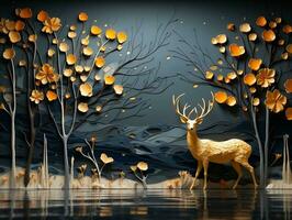 Modern living room with 3D dark gold deer forest on the wall AI Generative photo