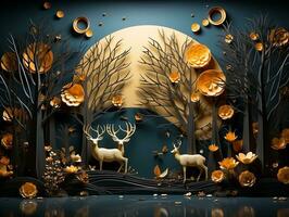 Modern living room with 3D dark gold deer forest on the wall AI Generative photo