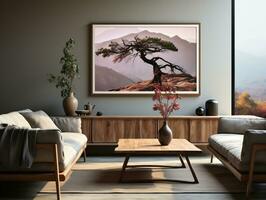 Interior design of the modern living room with a wooden rustic cabinet and a poster frame AI Generative photo