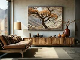 Interior design of the modern living room with a wooden rustic cabinet and a poster frame AI Generative photo