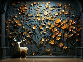 Modern living room with 3D dark gold deer forest on the wall AI Generative photo