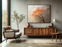 Interior design of the modern living room with a wooden rustic cabinet and a poster frame AI Generative photo