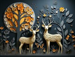 Modern living room with 3D dark gold deer forest on the wall AI Generative photo