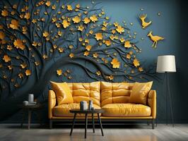 Modern living room with 3D dark gold deer forest on the wall AI Generative photo