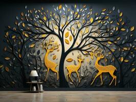 Modern living room with 3D dark gold deer forest on the wall AI Generative photo