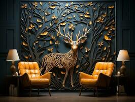 Modern living room with 3D dark gold deer forest on the wall AI Generative photo